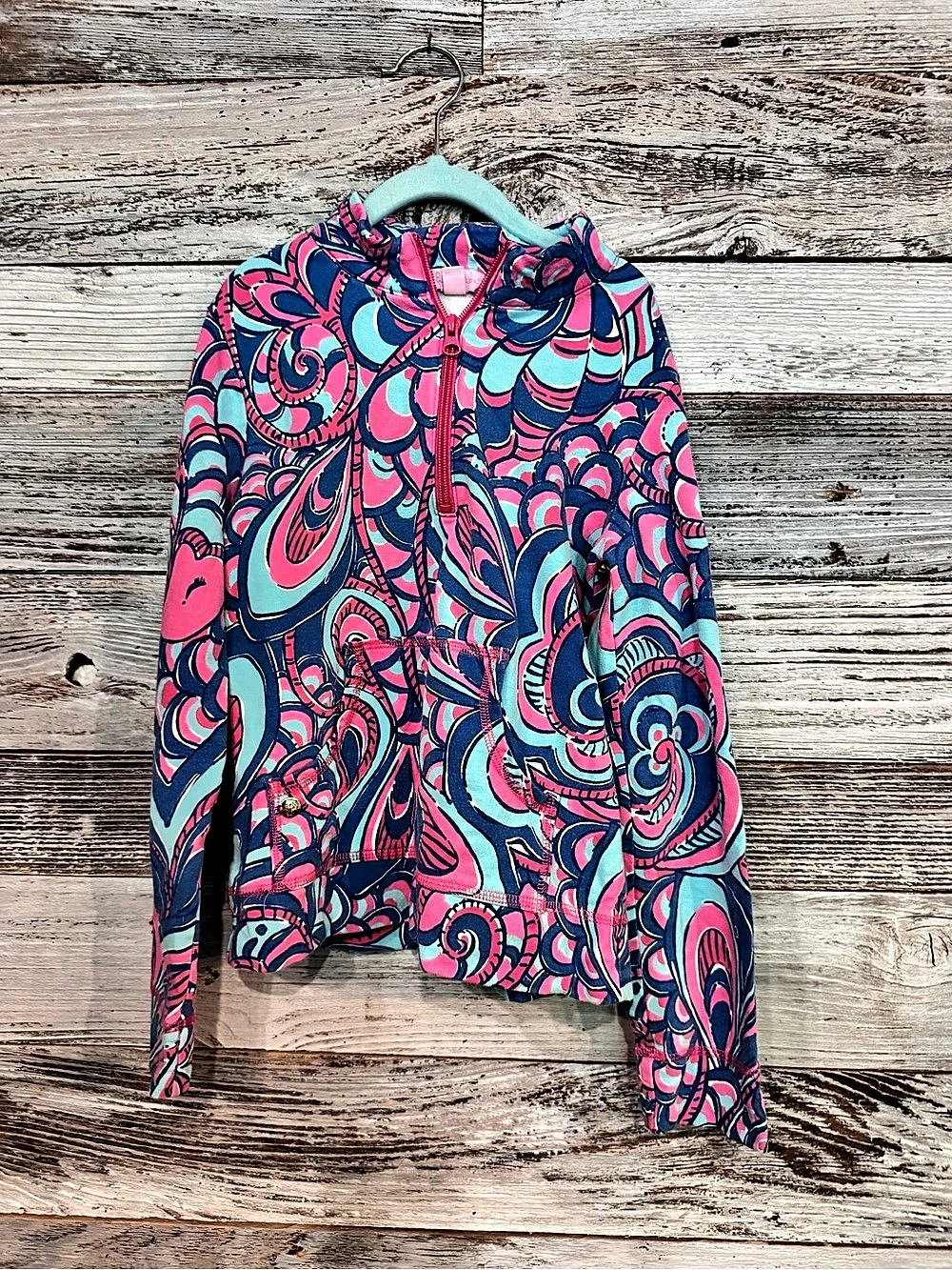 Lilly Pulitzer Paisley Jacket in Pink & Blue Large with Hand Warmer Pocket Like